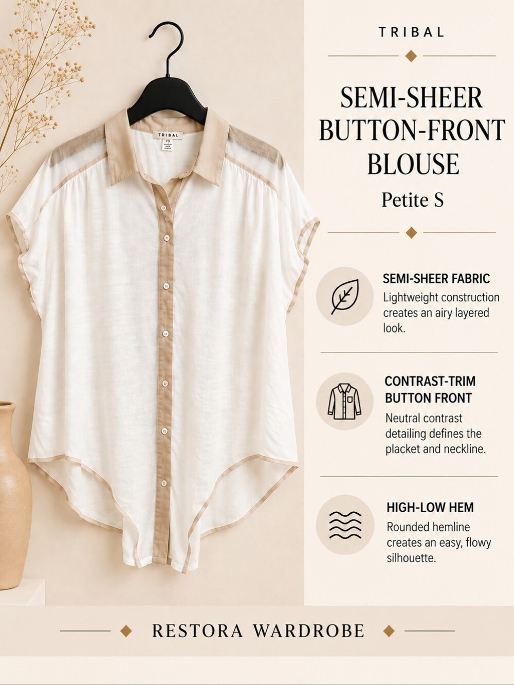 Tribal Button Front Blouse White Semi Sheer Contrast Trim Petite S Casual